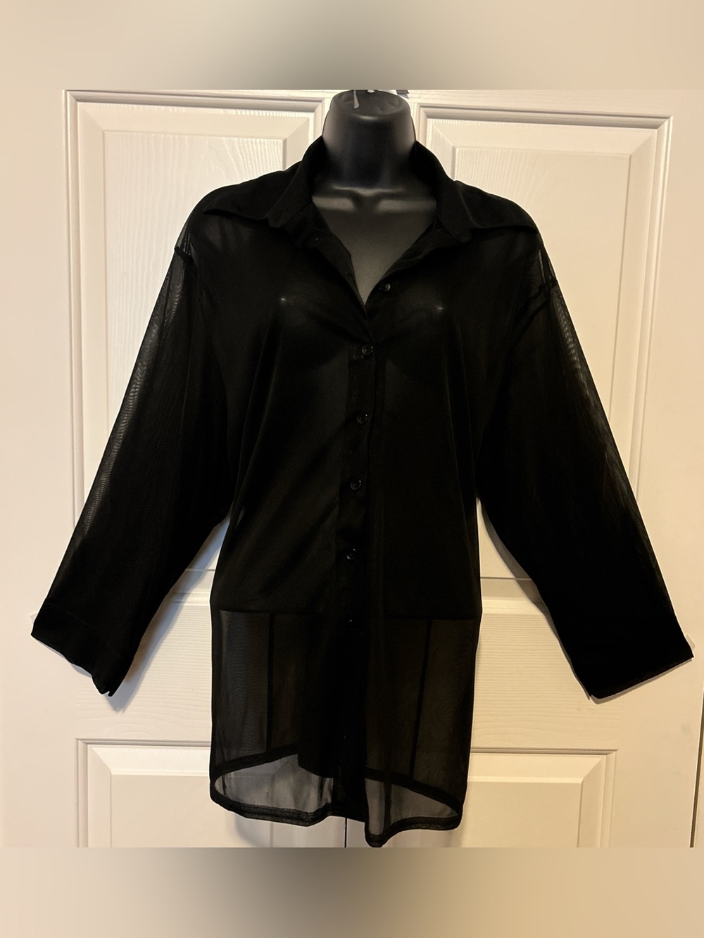 Anxiety Cafe Women’s black long sleeve sheer button down with collar
